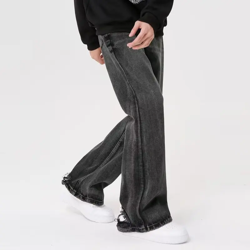 

Four Seasons Men's Korean Loose Straight Black Jean Pants Casual Trendy Wide Leg Hole High Street Denim Trousers Male Streetwear