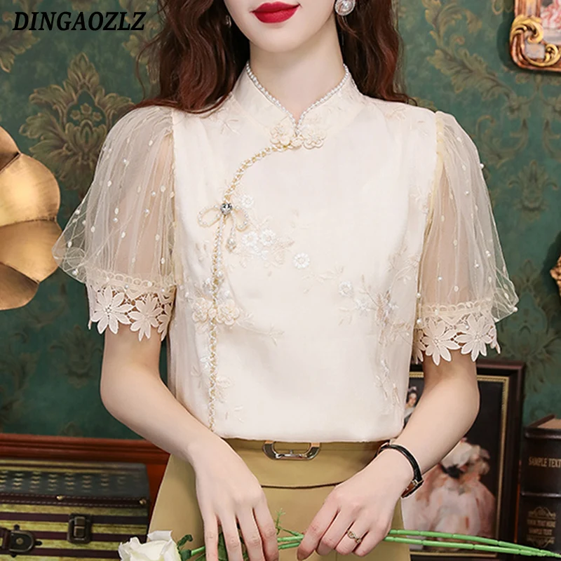 

Rero Embroidery Blouse Elegant Fashion Patchwork Mesh Lace Tops Beaded Stand Collar Summer Short Sleeve Women Shirt