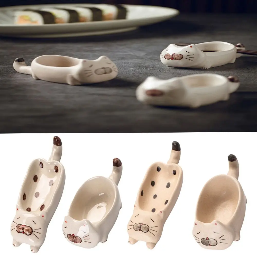 Kawaii Ceramic Seasoning Plate Cat Soy Sauce Dish Chopsticks Spoon Rack Vinegar