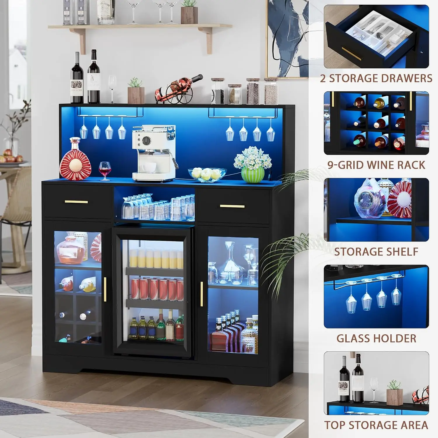 Wine Bar Cabinet Mini Fridge Space Power Outlet LED Light Coffee Bar Storage Buffet Kitchen Dining Living Room, Customized - view 6
