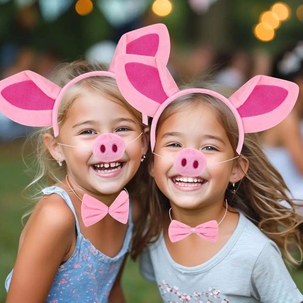 Невыцветающая повязка на голову для девочек, костюм свиньи для косплея, комплект с повязкой на голову со свиными ушками, галстук с бантом, сетчатая пряжа для носа для детей для купания