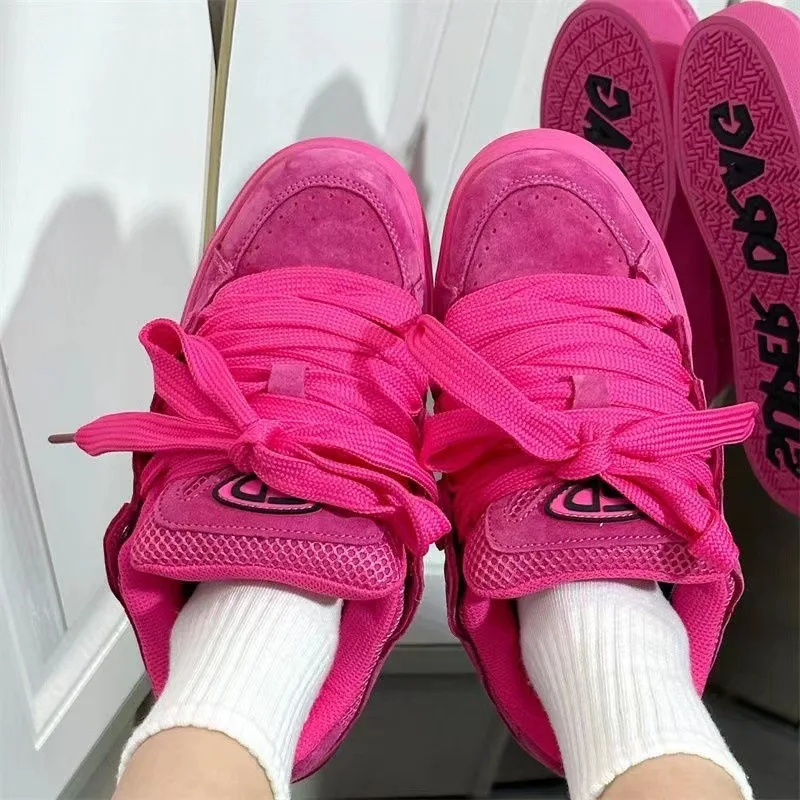 

American Style Pitaya Dad Shoes Women Chunky Retro Pink Suede Leather Low Top Platform Sneakers Ugly Chic Fashion