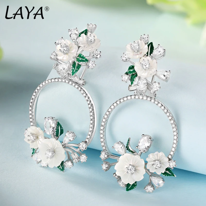 

LAYA 925 Sterling Silver Fashion Natural White Shell Flower Green Leaf Enamel Shining Zircon Drop Earrings For Wedding Jewelry