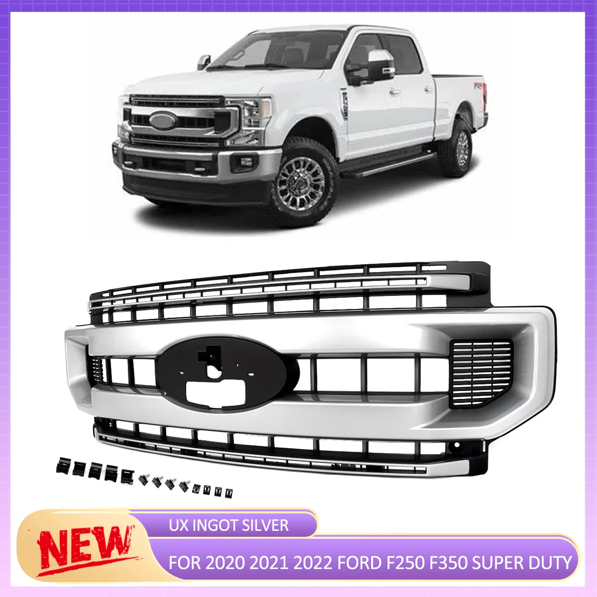 Replace For Ford F250 F350 F450 F550 F600 Super Duty 2020 2021 2022 XLT Style Front Bumper Upper Grille Assembly Ingot Silver UX