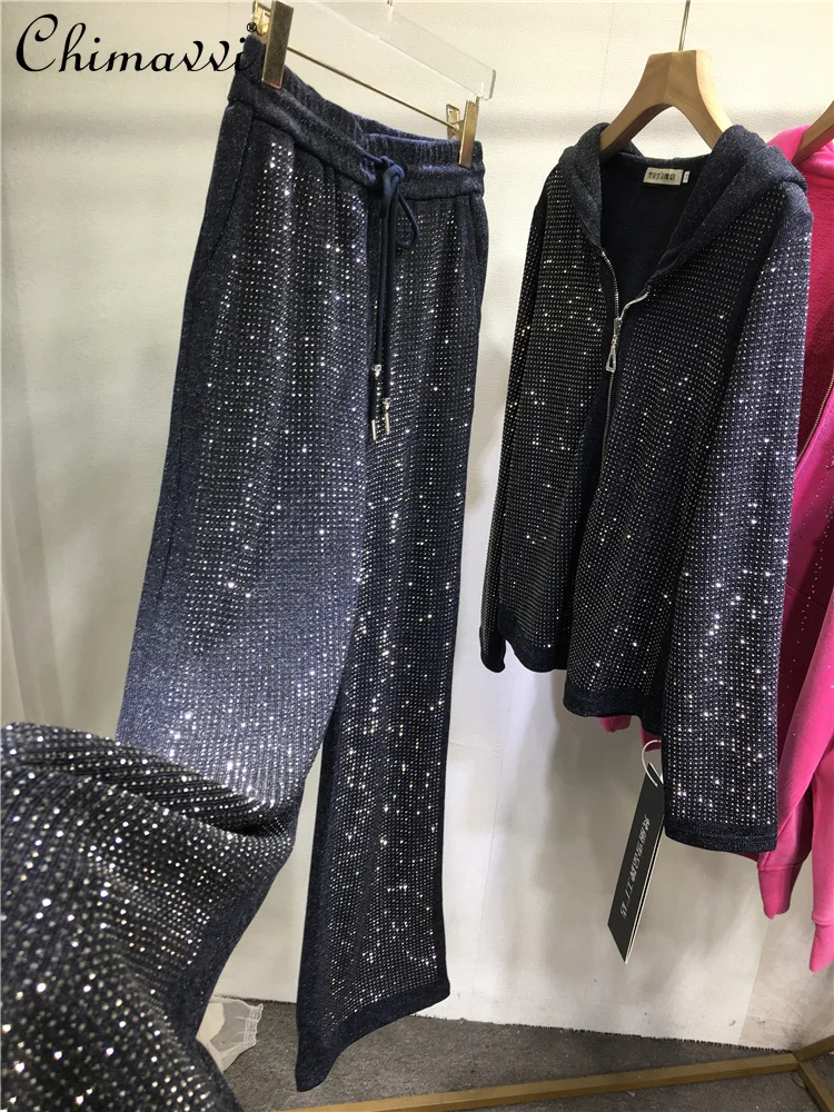 

European Heavy Rhinestone Pants Set Autumn Ashion Full Rhinestone Zipper Long Sleeve Hooded Top Long Pants Women's Two-Piece Set