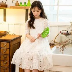 Embroidered Hollow Out Kids Dress For Girls 6 7 8 9 10 11 12 13 14 15 16 17 18 Year White Dress Vacation Festival Birthday Party