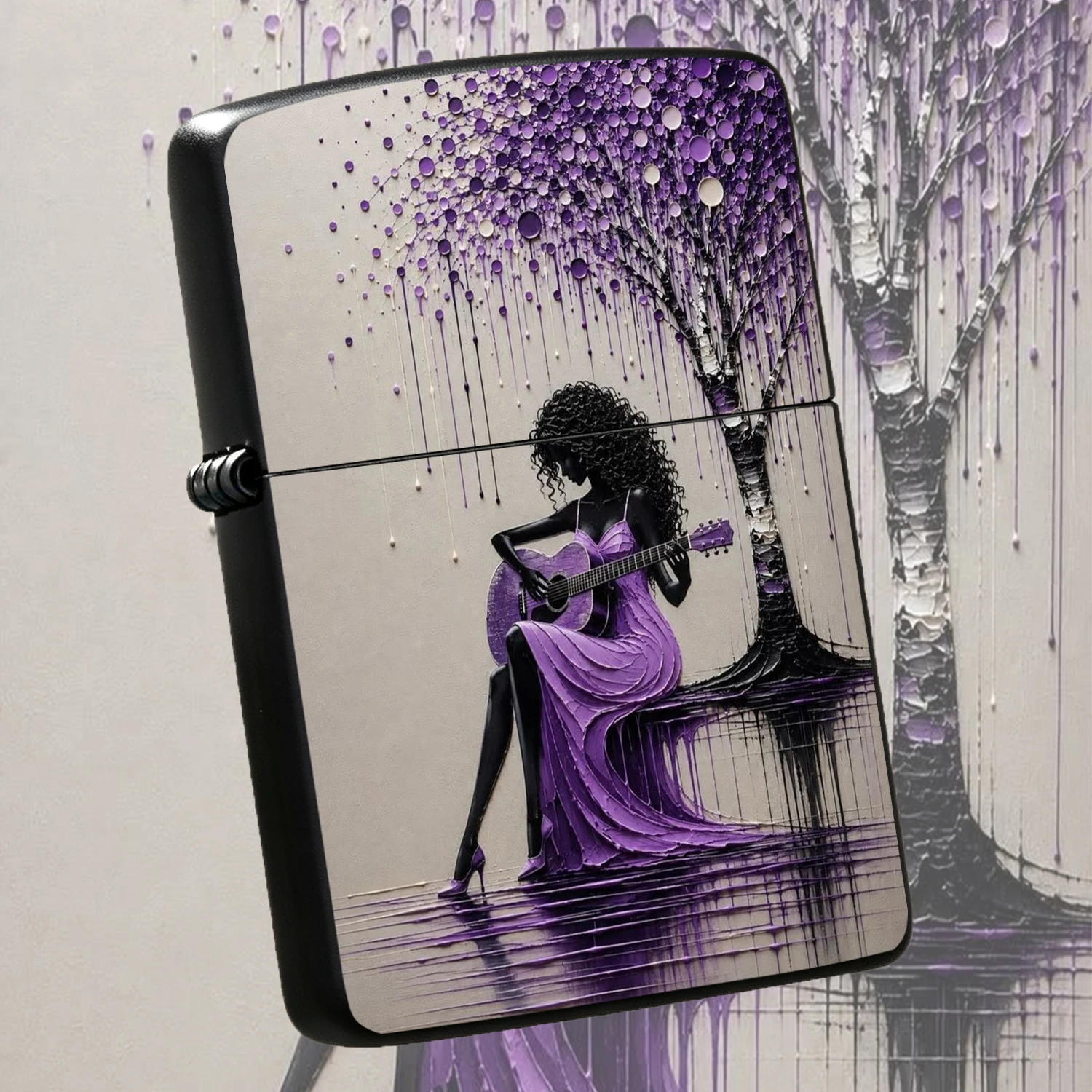 Textured Impasto Style Lighter With Artistic Pattern Of Lady Playing Guitar Under Purple Tree, Exquisite Creative Decor Accessory, Elegant Portable Ornament For Daily Use, Ideal Present For Various Occasions, Unique Artistic Aesthetic Daily