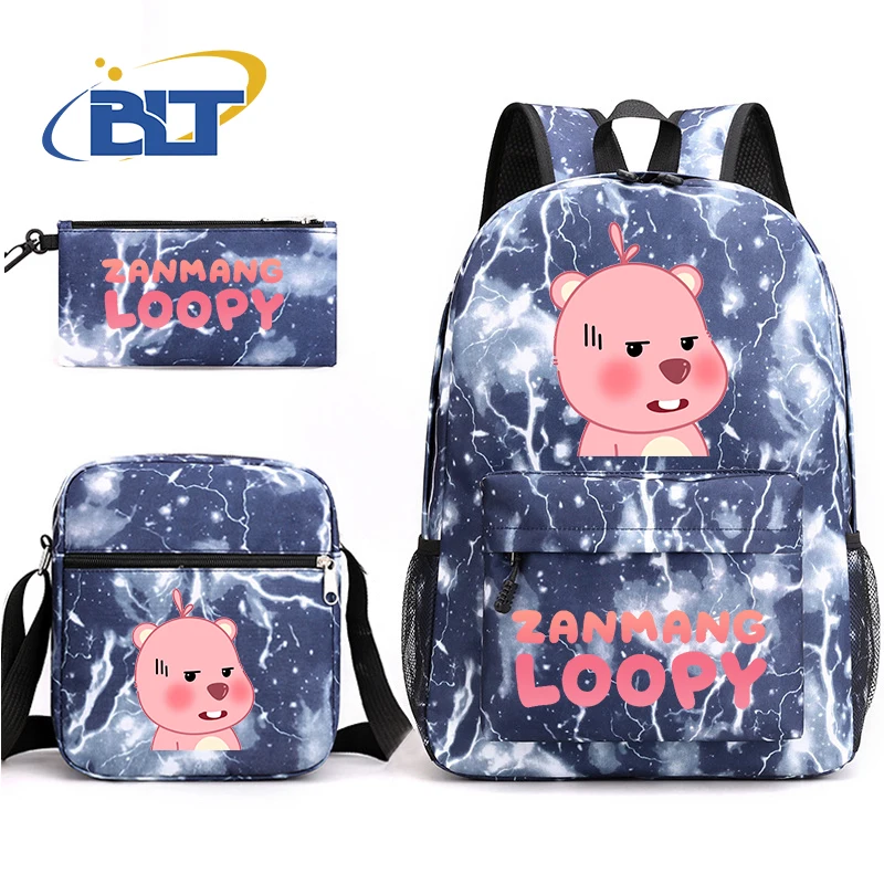 Cute Loopy Print Backpack Set para crianças, bolsa de escola estudantil, bolsa de ombro, lápis, meninos e meninas, 3 pcs