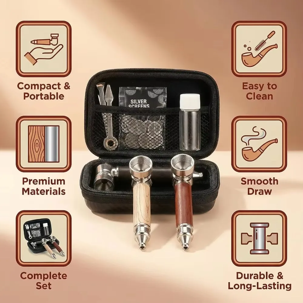 9PCS Zinc Alloy Detachable Combination Pipe Set Wood Grain Split Pipe Classic Mini Pipe with Screen Portable Pipe Lovers