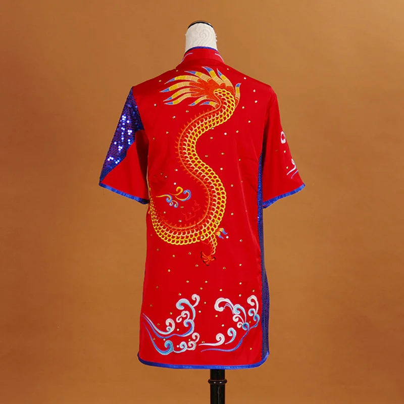 Performance Embroidered Wushu Uniform Dragon Kung Fu Suit Changquan Professional Competition Costume Adult Kids Red Custom