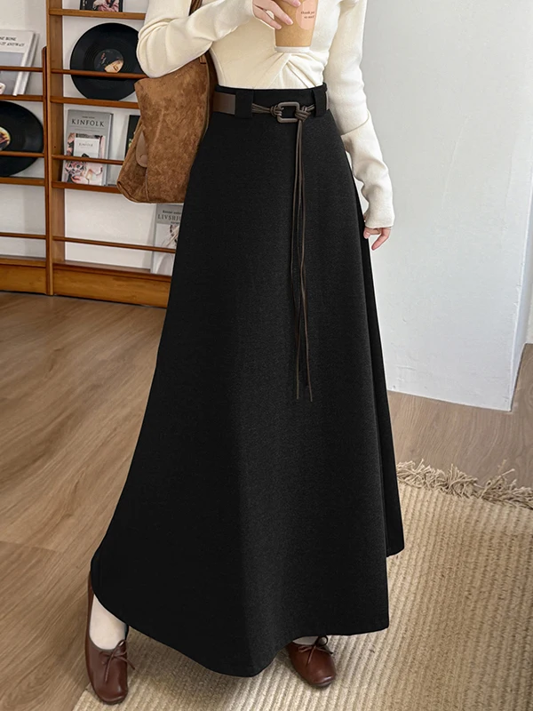 

Elegant High Waist A-Line Skirt in Woolen Material with Belt for Women Autumn Winter Slimming Midi Skirt Citywalk