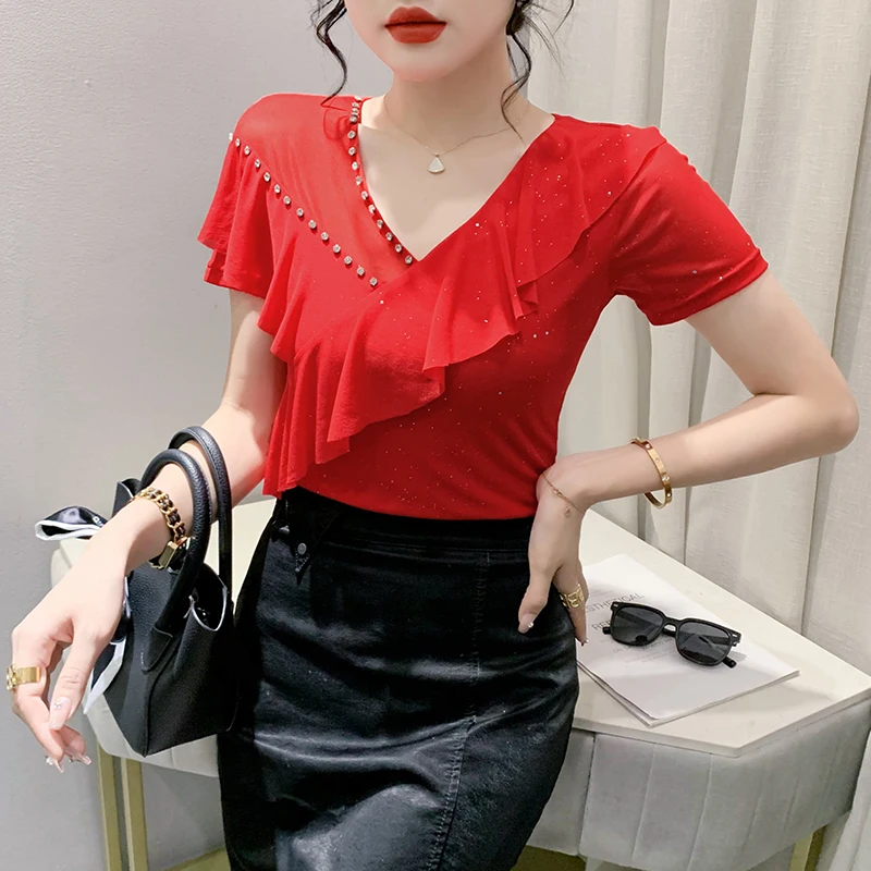 2023 New Summer Korean Clothes T-Shirt Women Fashion Sexy V-Neck Patchwork Mesh Rivet Tops Short Sleeve Ruffles Slim Tees 35049