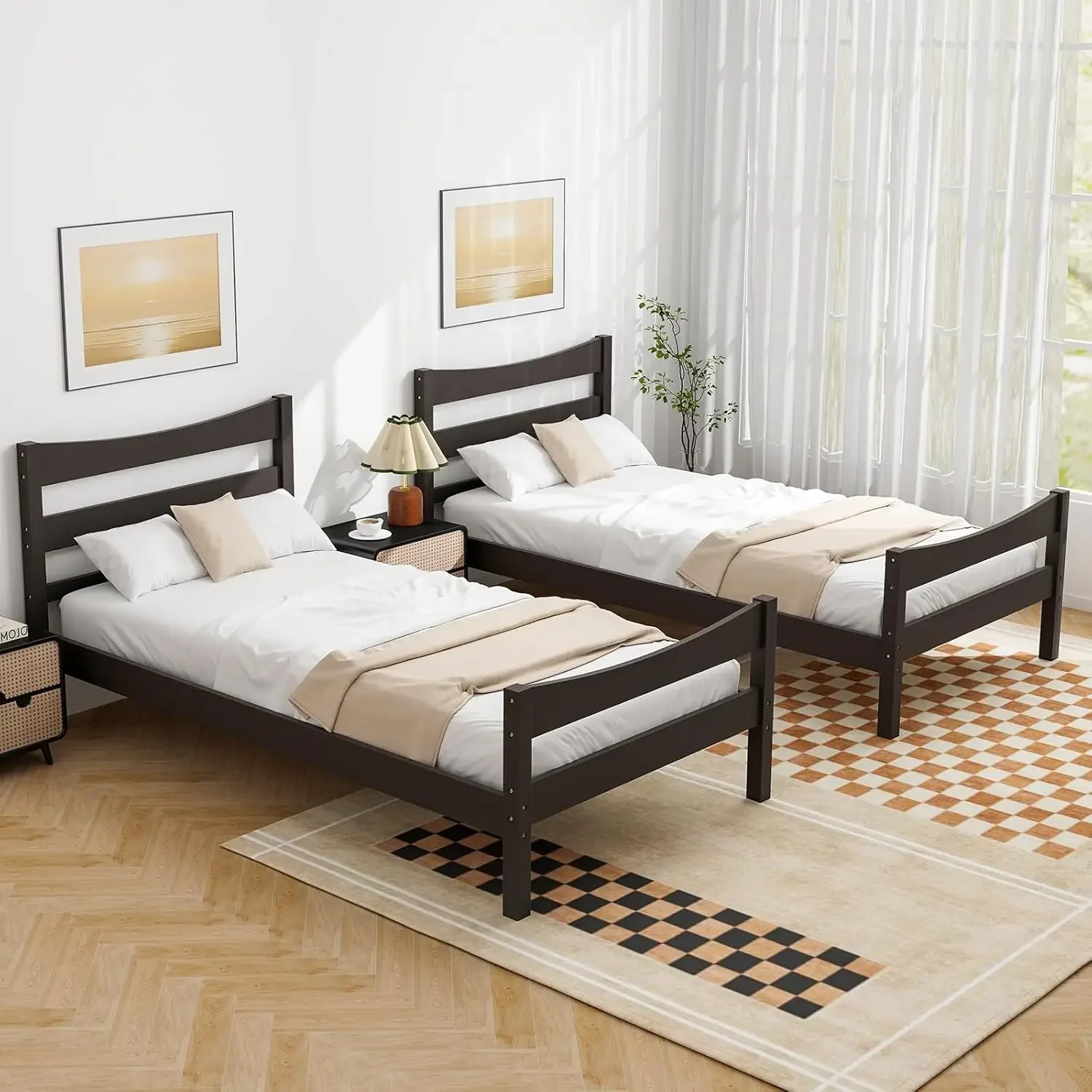 Wood Bed Frame Twin Size, Rustic Style Platform Bed w/Headboard & , Solid Wood Slat Support, No Box Spring Need