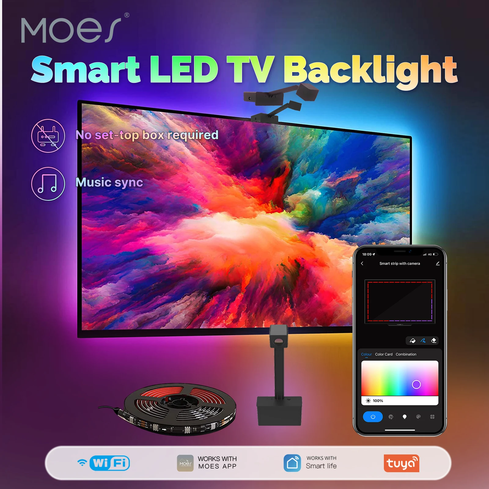 MOES Smart WiFi LED TV Backlight Multiple Color Mode Music Sync LED Light Strip Adjustable Color Brightness Timing Fucntion