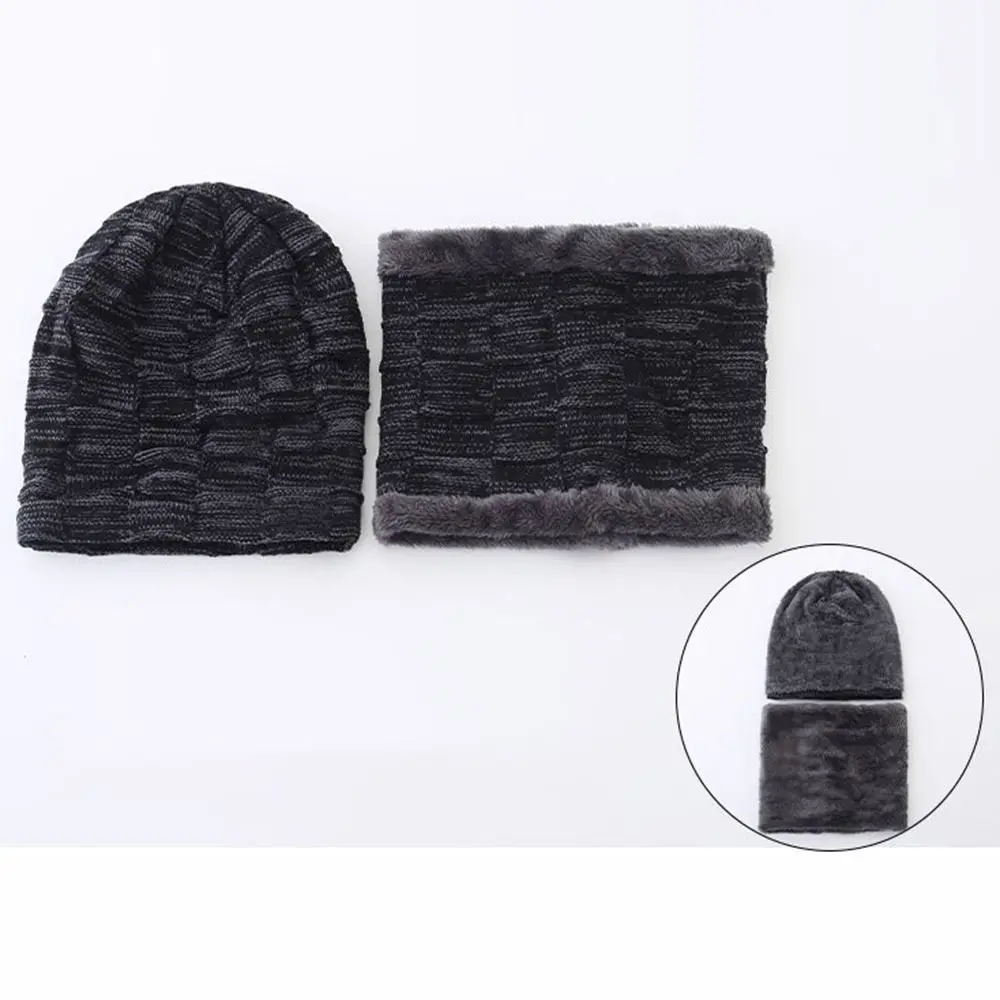 Trendy Winter Heren Muts Sjaal Set Dikke Fleece Gevoerde Hals Warmer Gebreide Muts Sjaal Warme Skullies Bonnet