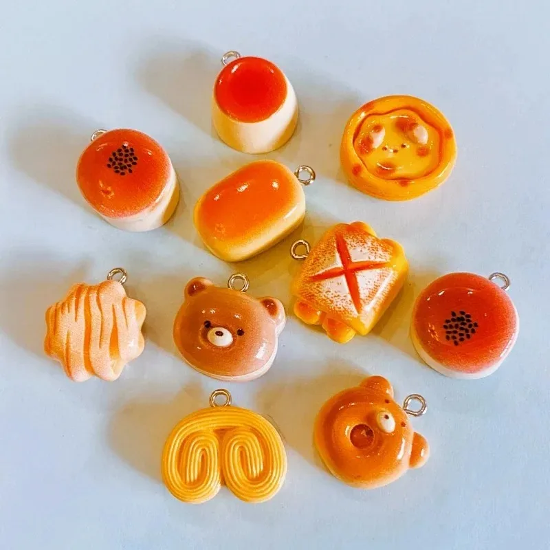 10Pcs Cute Bear Pudding Tart Bread Food Resin Charms Simulation Snack Pendants DIY Jewelry Supplies view 5
