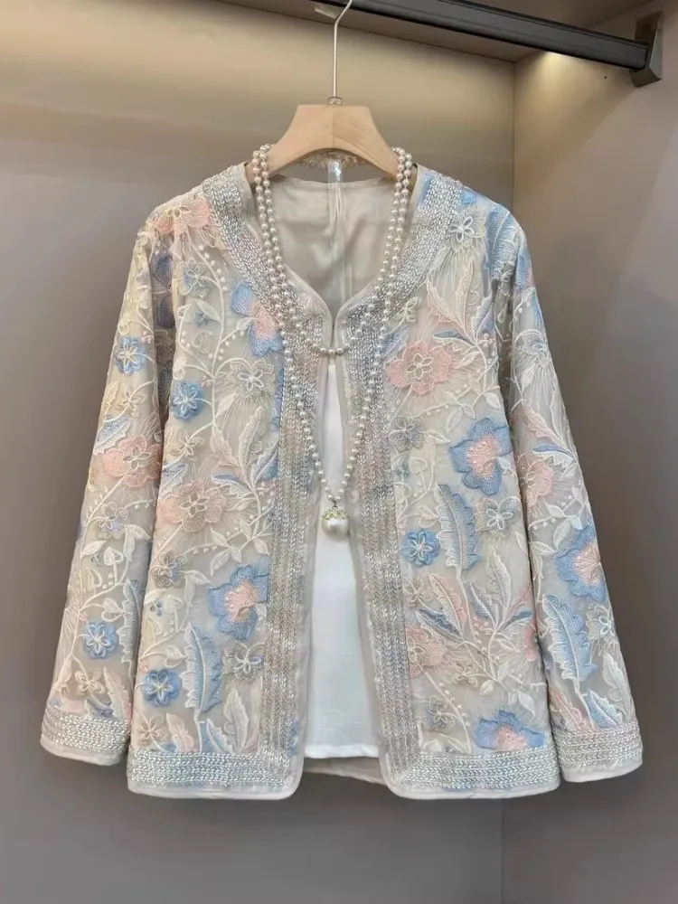 

New Chinese Sle Heavy Embroidery Jaet Women's plus Size Spring Season Ele Unique Open Cardigan Top Quali Fabric