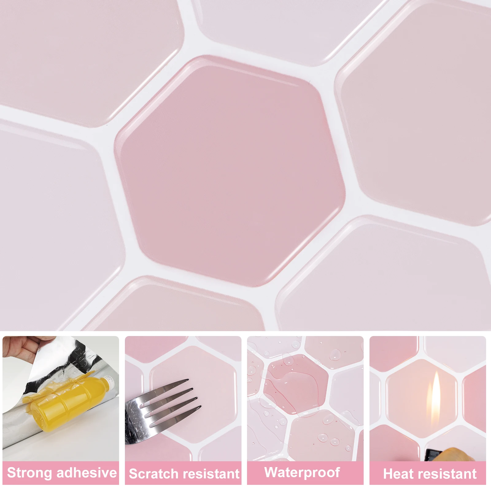 10 Sheets Pink Hexogon 3D Brick Pattern Wall Tile Stickers Peel and Stick Vinyl Wallpaper 12x12 Inch for Home Decoration