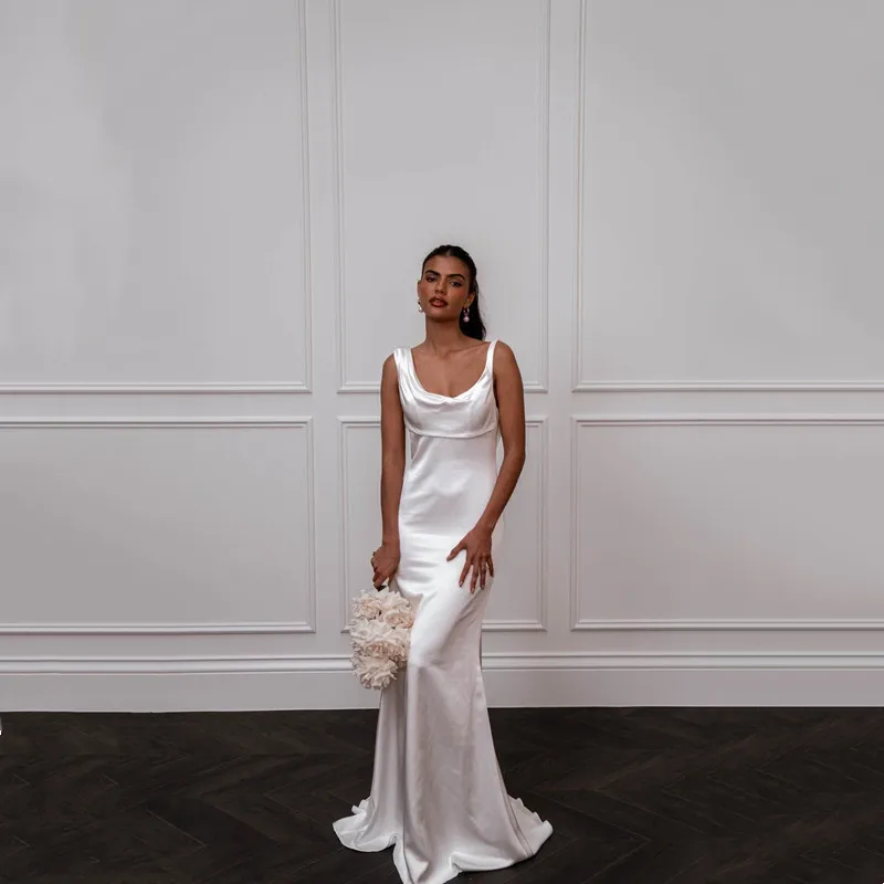 

Simple Mermaid Satin Wedding Dress Elegant Sleeveless Pleat Spaghetti Straps Bridal Gowns Sexy Backless Square Collar Customized