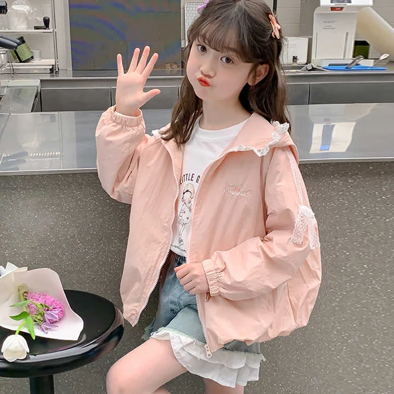 

Солнцезащитная одежда для девочек, летнее детское кружевное тонкое пальто с капюшоном, устойчивое к ультрафиолетовому излучению, корейская свободная куртка на молнии для детей 5-10 лет