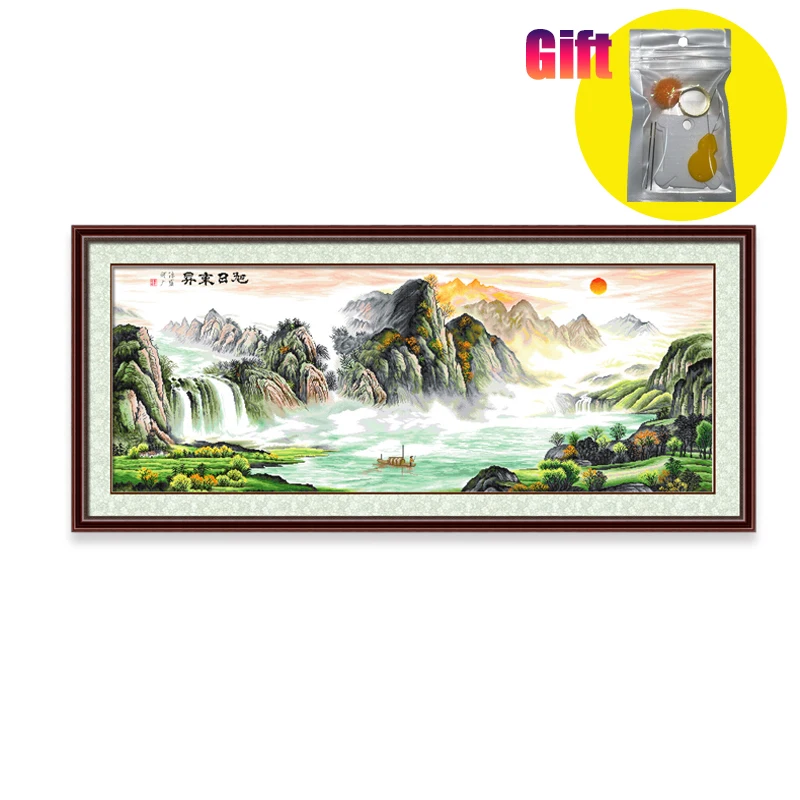 Handmade Embroidery for Adults, Stamped 11CT, Cross Stitch Kits, Chinese famous Forest Waterfall and Sun Landscape Painting