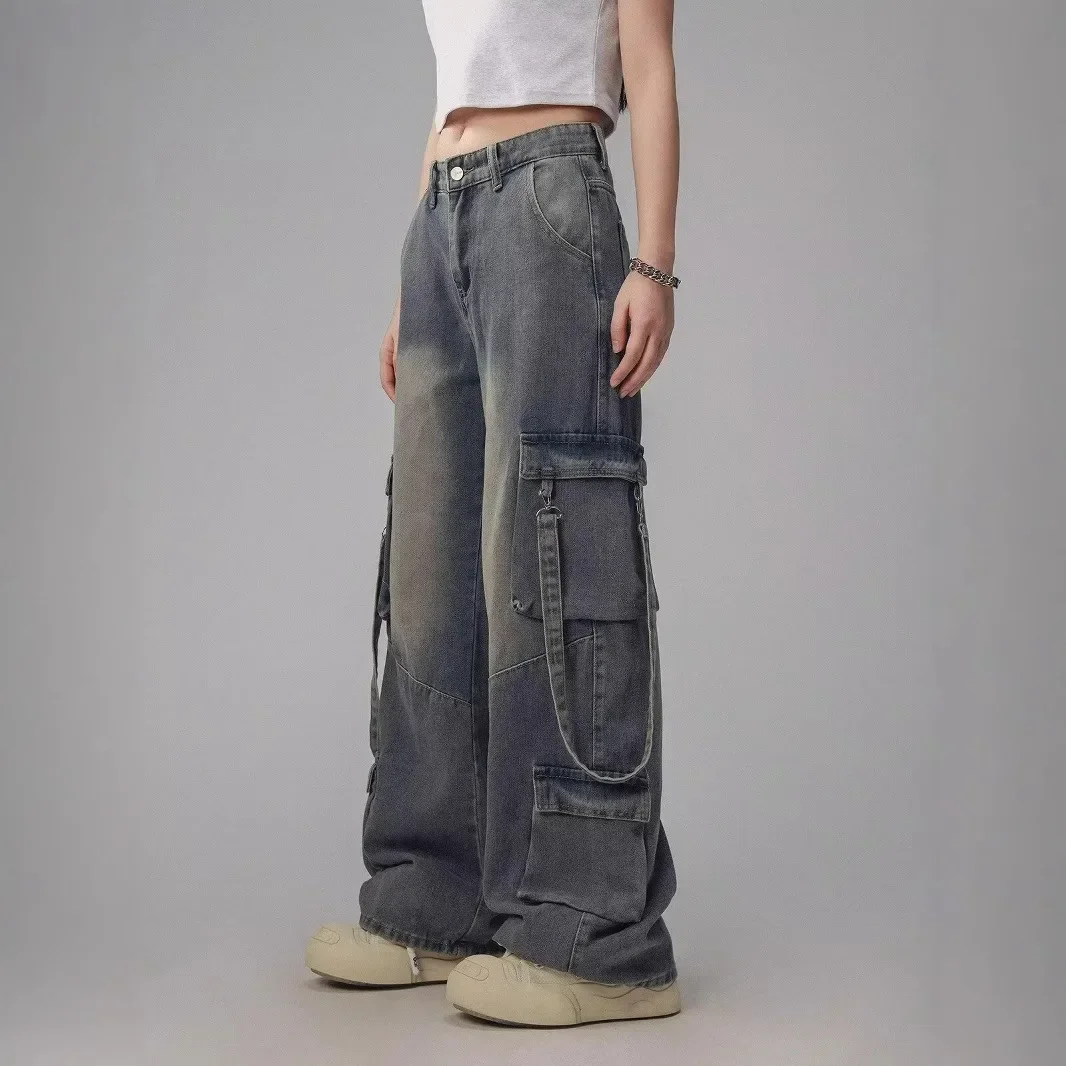 

Cargo Straight Full Length Distressed Men Jean Spliced Loose Fit Washed Vintage Denim Pants High Waist Pockets Patchwork