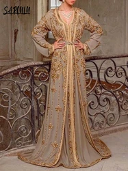 Fashion Exquisite V-neck Evening Dresses Long Sleeve Bridal Dress Kaftan Beading Appliques Customized Gown Robe De Mariée