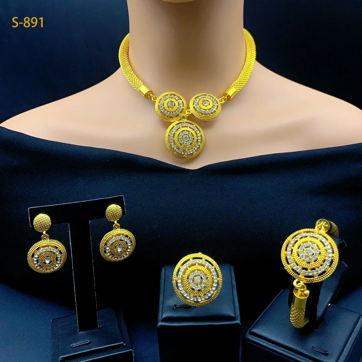 

Dubai Wedding Gold Color Jewelry Set For Women Indian Choker Necklace Earring Nigerian 24K Gold Plated African Jewellery