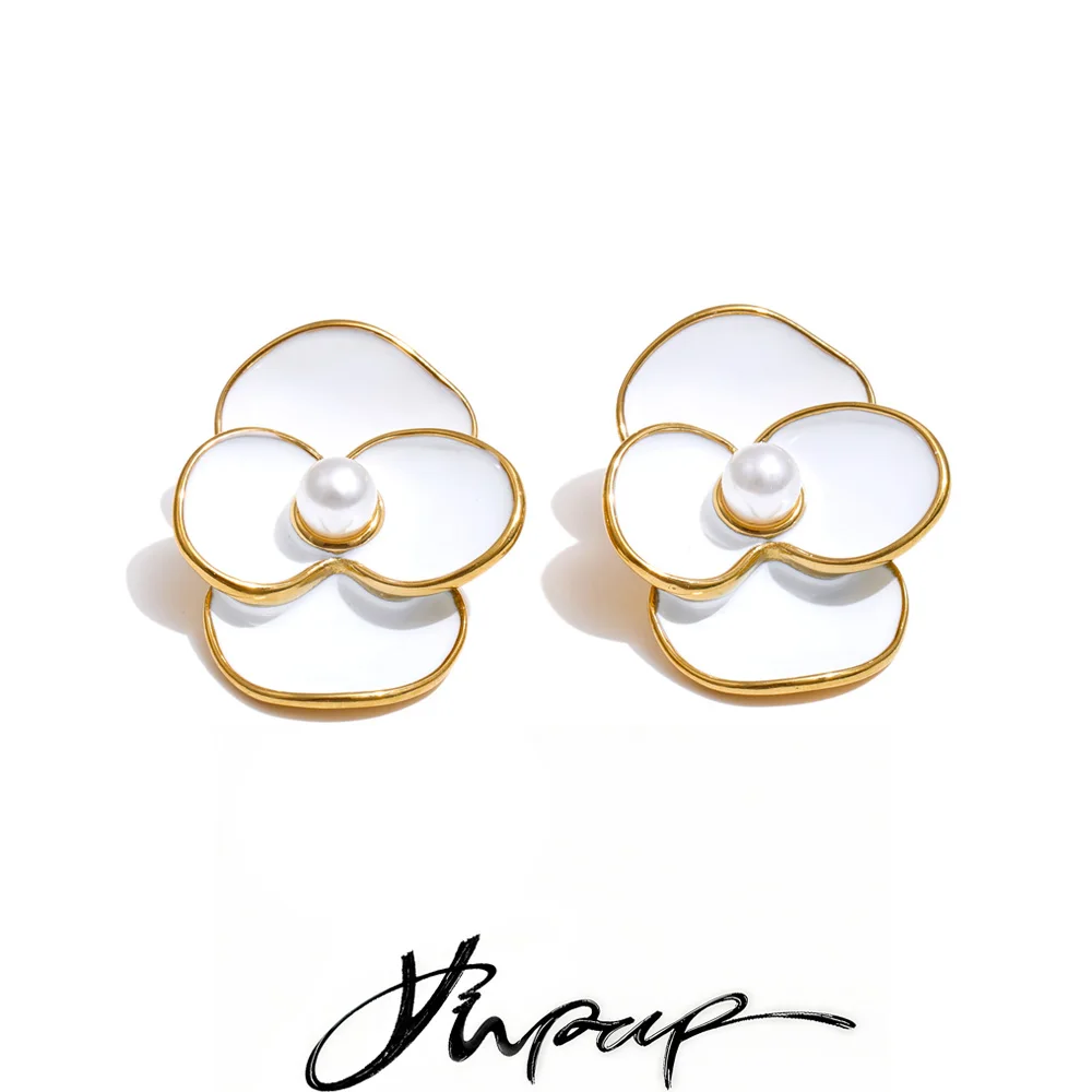 Yhpup White Enamel Pearls Flower Stud Earrings for Women Golden Stainless Steel Daily Fashion Jewelry Recommend Gift