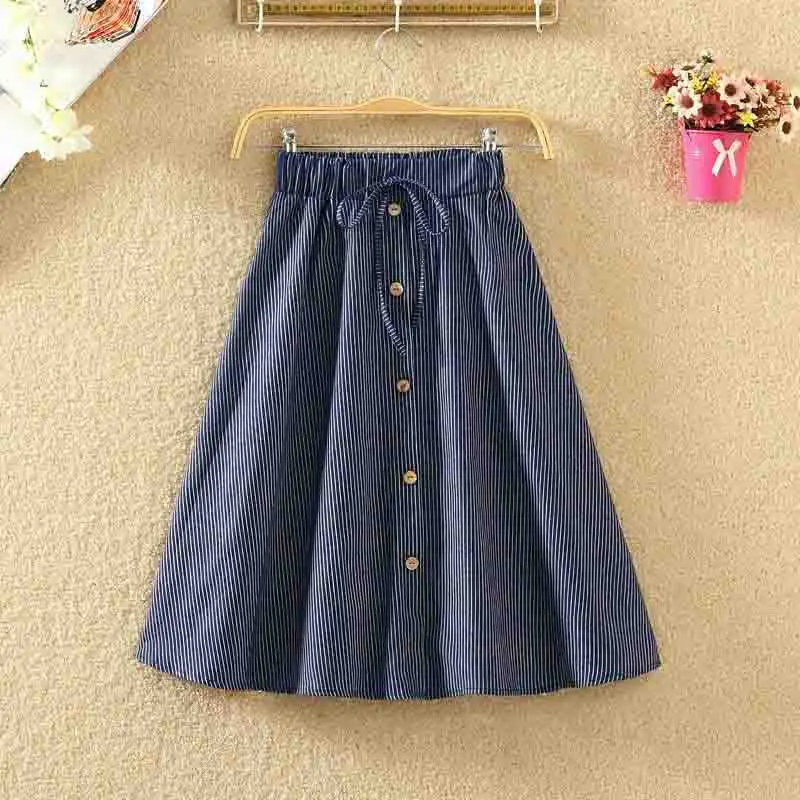 

Summer Women Skirts Single-Breasted High-Waist Mid-Length A-Line Solid Color Denim Skirt