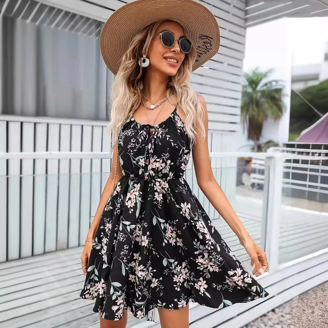 SummerElegant Women's Sleeveless Dress Pullover Print Elastic Waist Strap Short Dress Women's Round Neck Fragmented Flower Dress