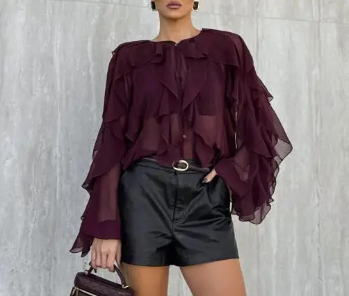 

Women Blouse 2026 New Spring Autumn Solid Color Round Neck Long Sleeve Loose Fit Casual Layered Ruffles Chiffon Shirt Top