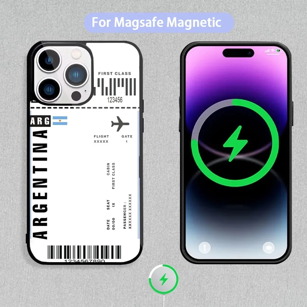 Funda de teléfono con etiqueta de billete de viaje para carga inductiva magnética iPhone 11 12 13 14 15 Max Pro Mini Plus Shell