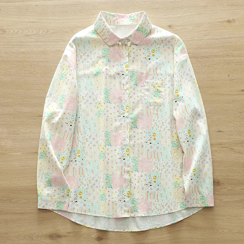 

Spring Autumn Floral Cartoon Printed Long Sleeved Tops Women Clothes Casual Sweet Big Pocket Female Cotton Shirts & Blouses K111