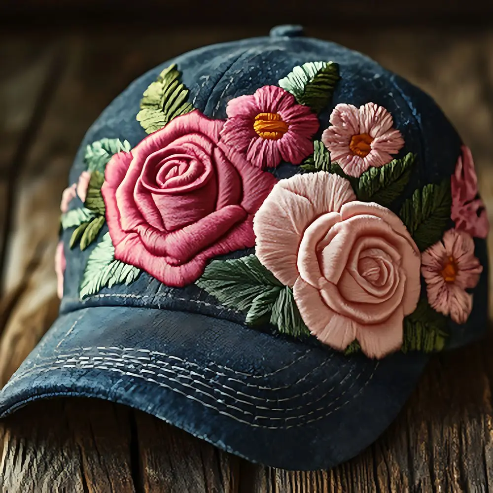Custom Blue Denim Baseball Cap Adorned With Delicate Floral Embroidery-large Pink Roses And Pale Pink Flowers (with Orange Stame