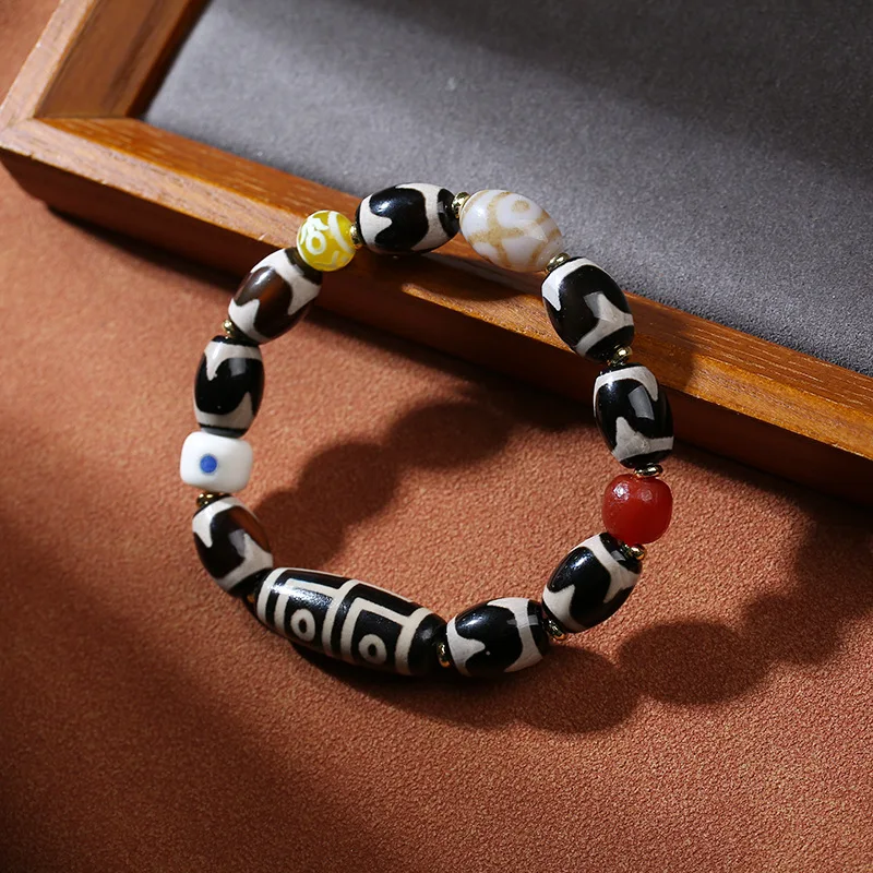 Four-Eyed Dzi Bead Multi-Treasure , Single-Loop Bodhi Accessory, Ethnic Style Hand Jewelry, Unisex Versatile Bracelet