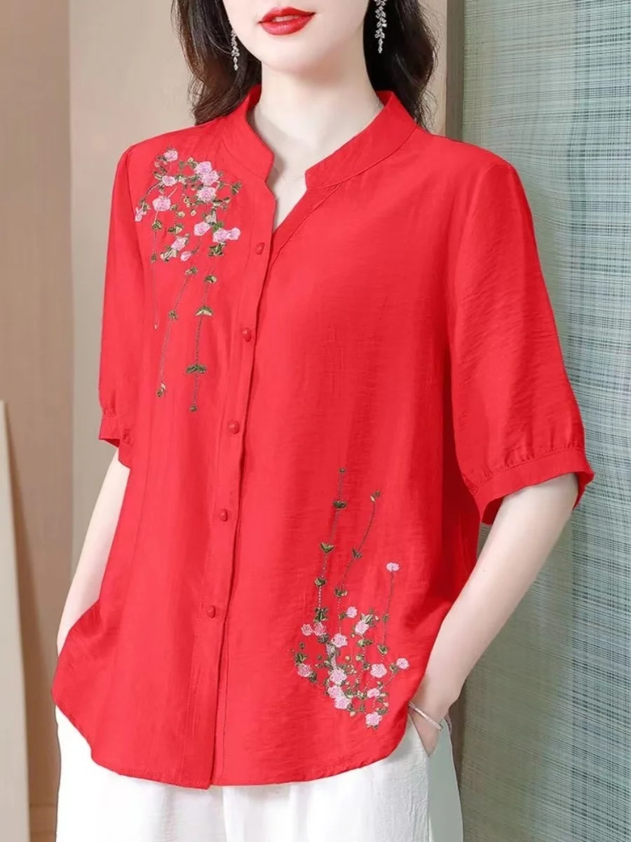 

Loose Cotton Linen Short Sleeve Embroidered Shirt for plus Size Women Summer New Style Five Sleeve Belly Covering Mom Shirt