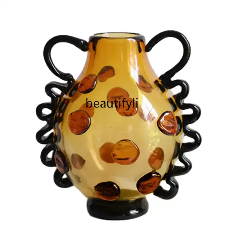 Light luxury handmade flower utensils, high-end wabi-sabi wind villa model room, high-end glazed vase art ornament