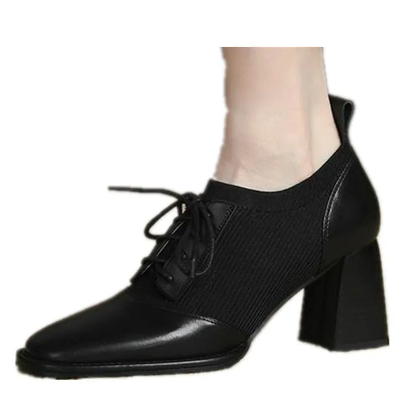 2024 New Flashion Women Oxford Shoes High Heels Bare Shoes Pointed Toe Lace Up Ankle Shoes Stretch Vintage Womens Shoes Plus Siz