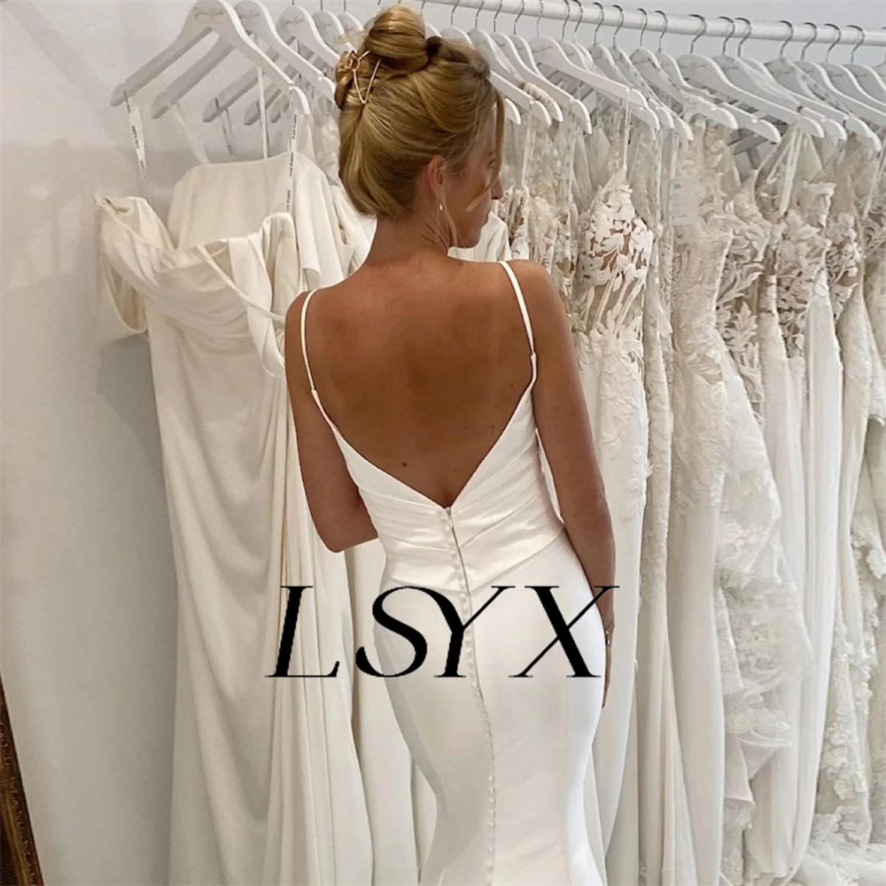 LSYX Simple V-Neck Sleeveless Satin Pleats White Mermaid Wedding Dress Open Back Court Train Bridal Gown Custom Made