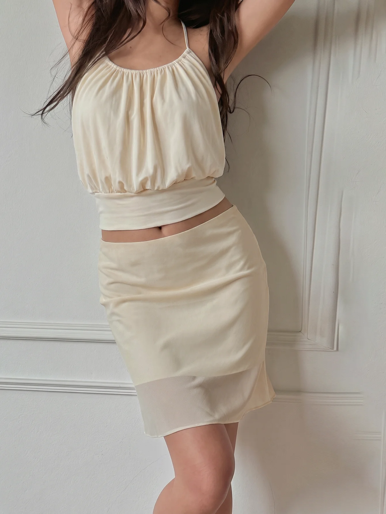 Dulzura Women'S Solid Sexy Casual 2 Piece Skirt Set Halter Backless Tank Top Slim Fit Chiffon Short Skirt Matching Set Beachwear