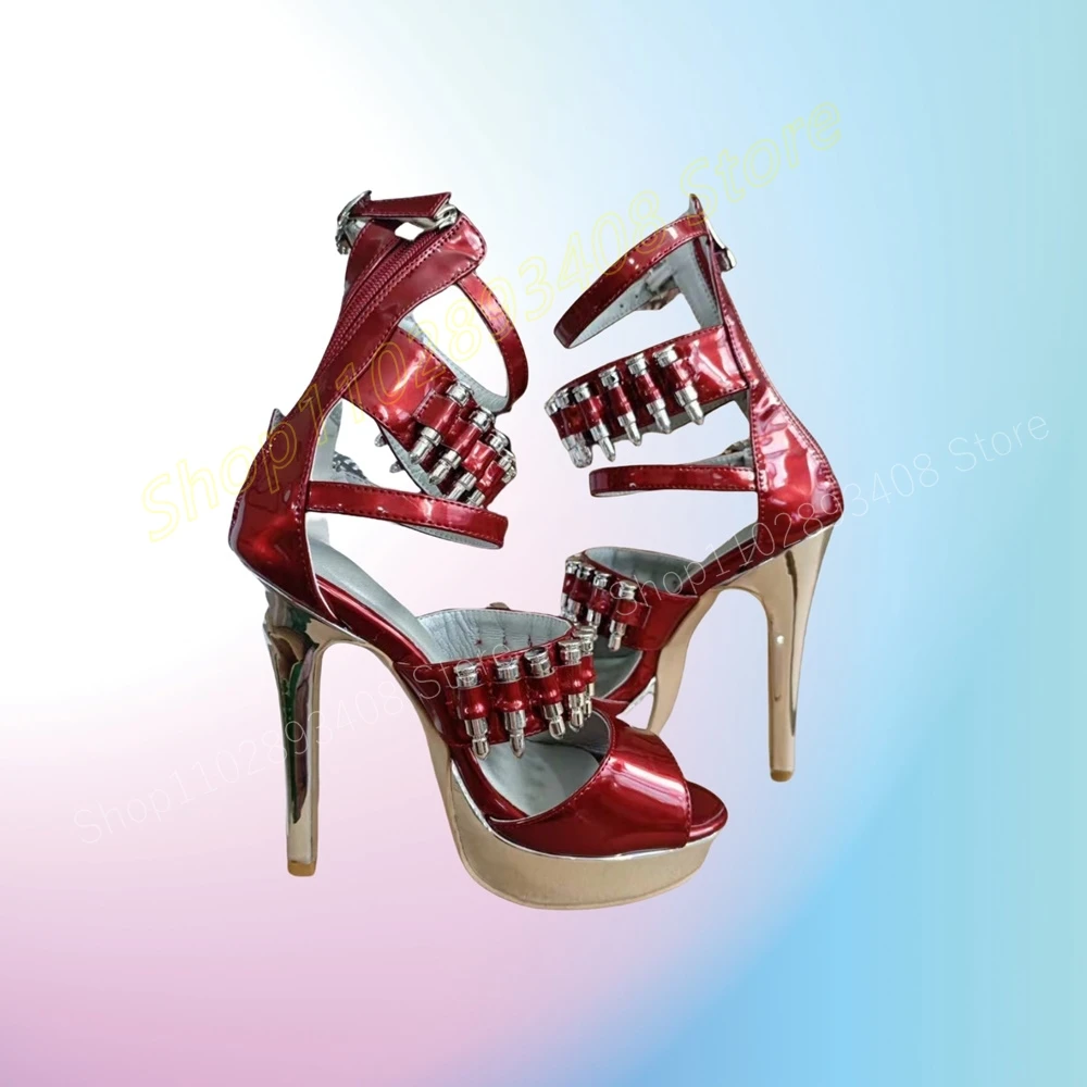 

New Design Cool Style Platform Sandals Peep Toe Red Patent Leather Stiletto High Heel Sexy Women Shoes 2024 Summer Para Mujere