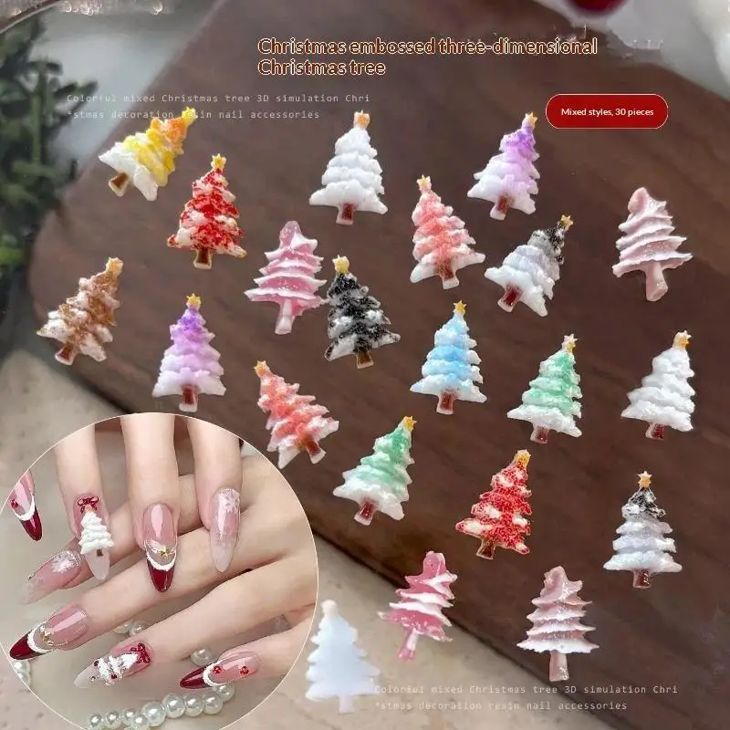 30Pcs DIY Scrapbook Manicure Nail Craft Resin Cute Colorful Glitter Mini Crystal Christmas Tree Gem Flatback Rhinestone Appliqu