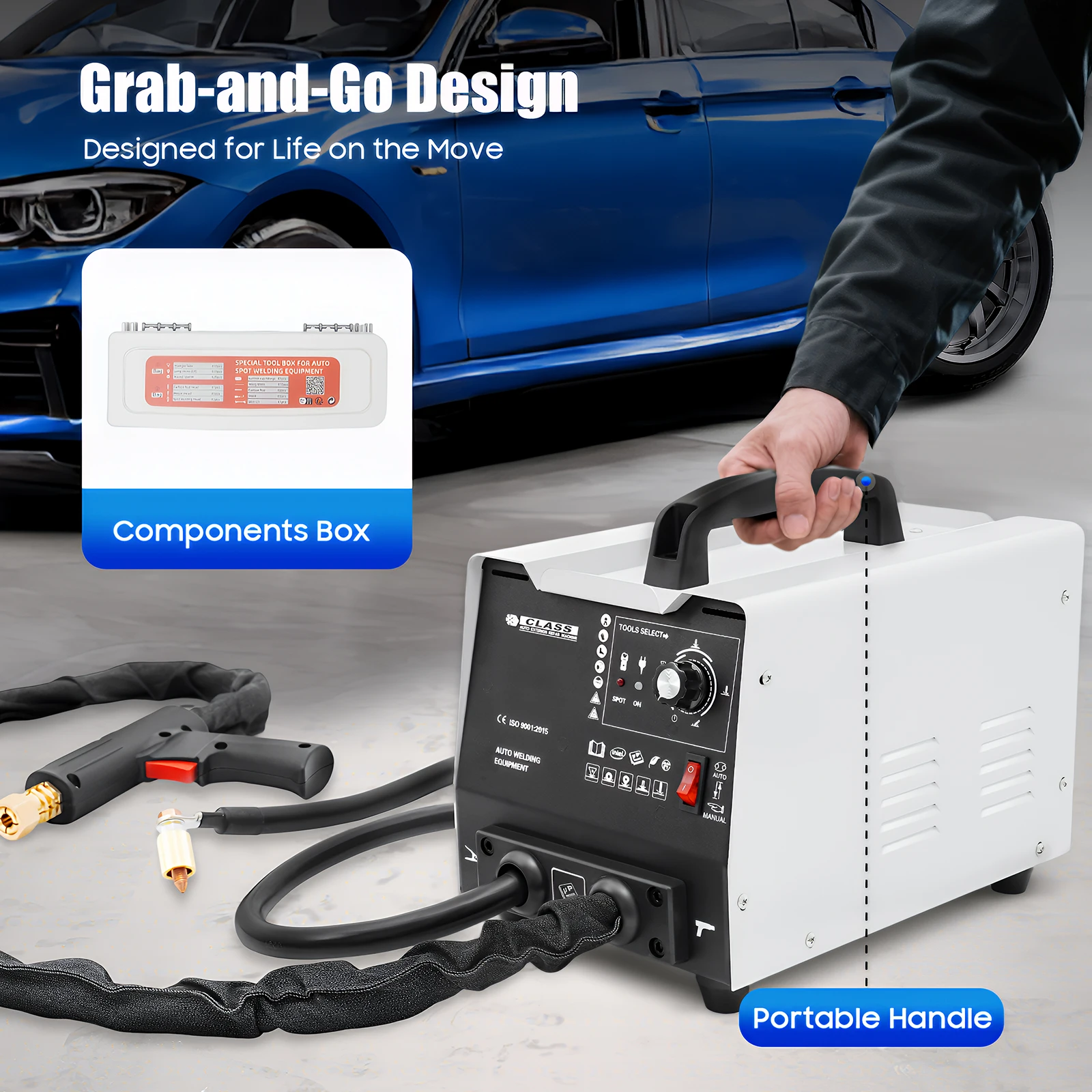 Machine à souder par points 3KW pour réparation de bosses de voiture, kit portable de débosselage de carrosserie en fer et aluminium, soudeuse par points automobile avec accessoires de soudage complets pour la réparation de carrosserie automobile en fer