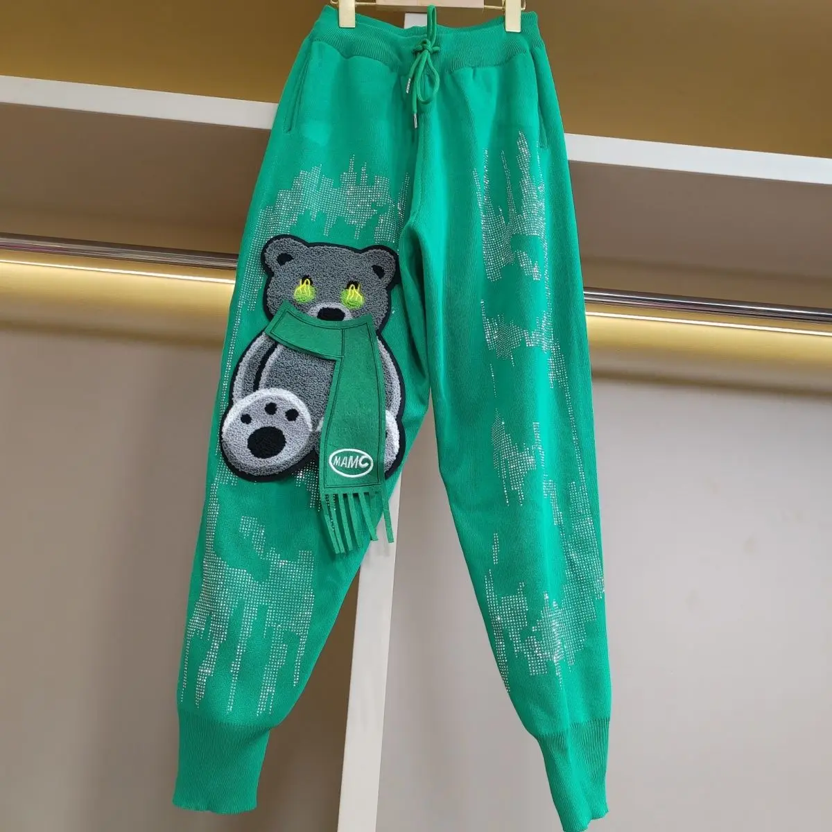 2023 New Spring Trendy Embroidery Cartoon Green Sweatpants Drawstring Elastic Waist Hot Drilling Streetwear Long Trousers