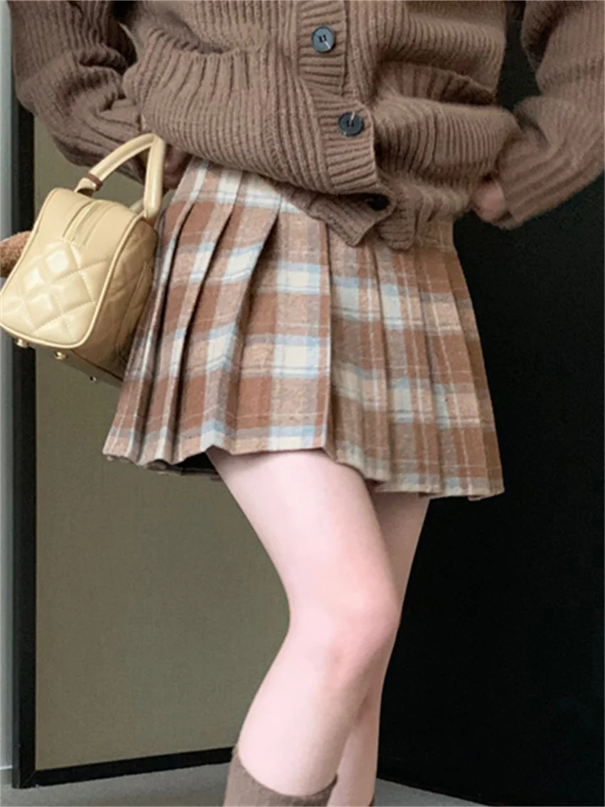 PLAMTEE Mini Pleated Skirts Vintage Women Plaid Chic Daily 2023 Office Lady High Waist Slim Bodycon Retro New Autumn Casual