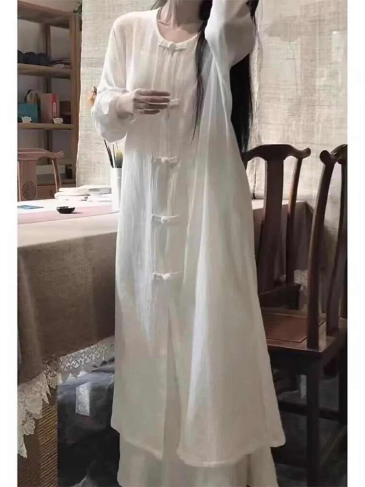 新中式スレクールセンセーション国民的トレンドセット女性用春秋禅コットンリネン茶服トップワイドレッグパンツツーピース...