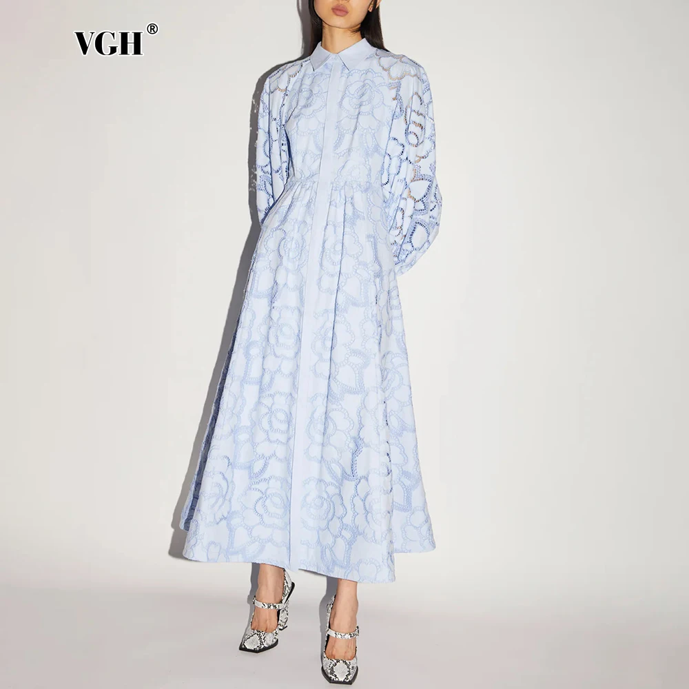 

VGH Solid Hollow Out Elegant Dresses For Women Lapel Lantern Sleeve High Waist Spliced Single Breasted Minimalist Dress Female