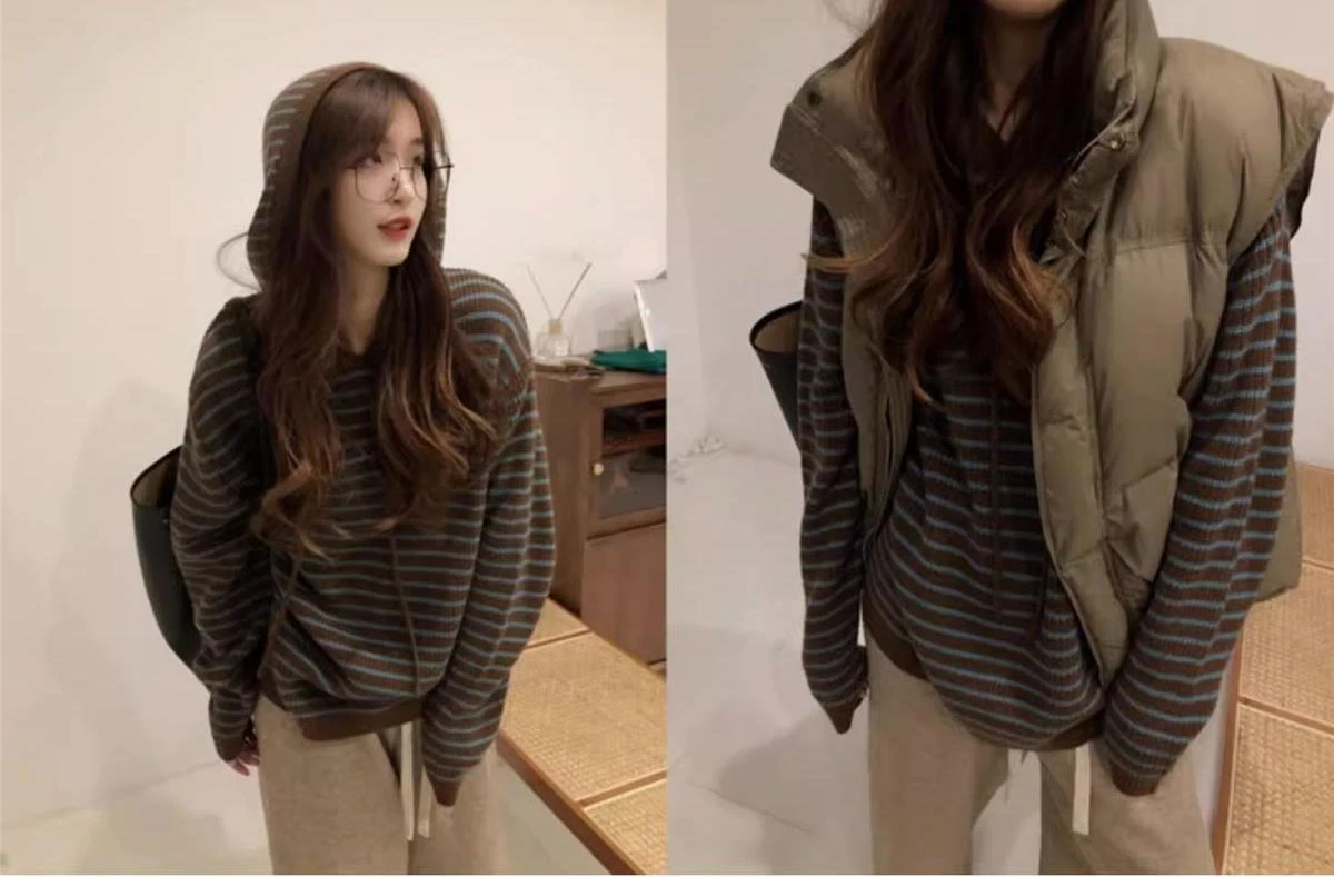 2023 New Tops Wide Casual Korean Hooded Striped Fashion Sweater Outer Wear Women Autumn and Winter