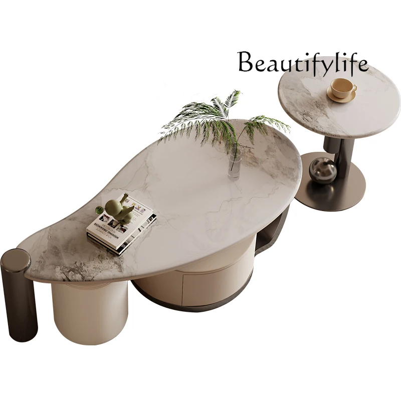 

Rock slab coffee table light luxury small apartment household oval size combination with drawer creative TV cabinet